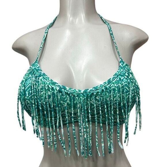 LA Hearts Swim Bikini Top Women's Large Green Abstract Halter Fringe Wireless - Picture 6 of 9